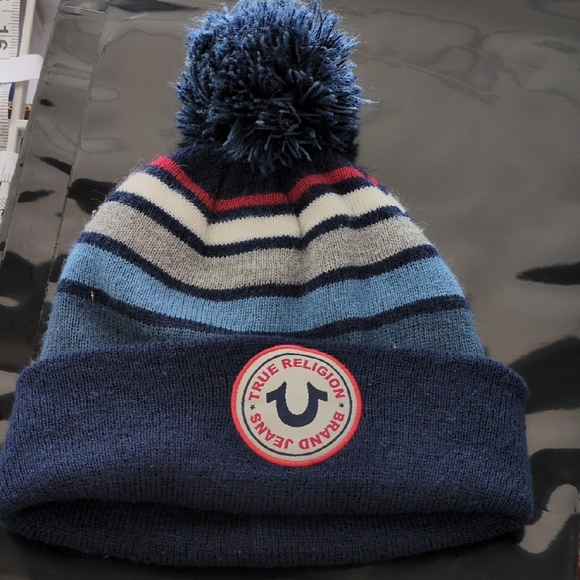 True Religion Jeans‎ Brand Blue Acrylic Pom Beanie - Picture 1 of 5